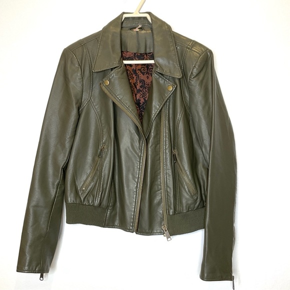 Free People Faux Leather Moto Biker Jacket in Olive Green Size Medium - Picture 2 of 10